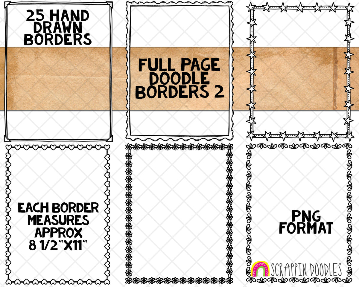 Doodle Borders 2&nbsp; ClipArt - Full Page Hand Drawn Frames - Cover Page Borders - Rectangle Borders - Hand Doodled Frames - BUJO