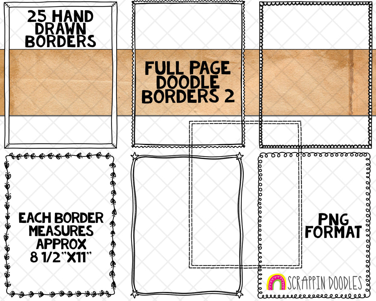 Doodle Borders 2&nbsp; ClipArt - Full Page Hand Drawn Frames - Cover Page Borders - Rectangle Borders - Hand Doodled Frames - BUJO