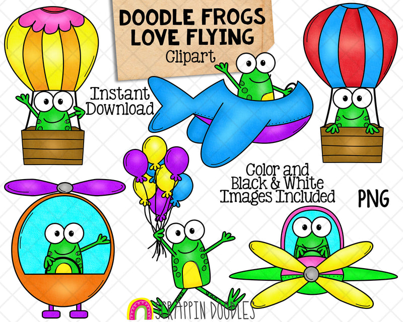 Frogs Love Flying ClipArt - Doodle Frogs Hot Air Balloons - Air Planes - Frog in Helicopter- Cute Frogs - Sublimation Graphics