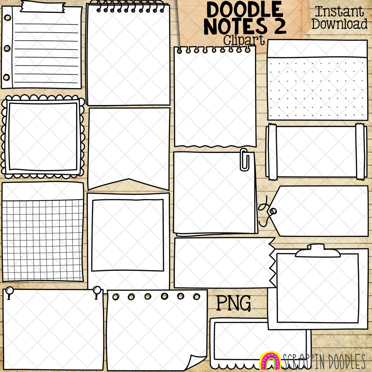 Doodle Notes 2 ClipArt - Hand Doodled Sticky Notes - BUJO - Bullet Journal - Post It Notes - Black &amp; White Note Boxes Graphics - Commercial Use PNG