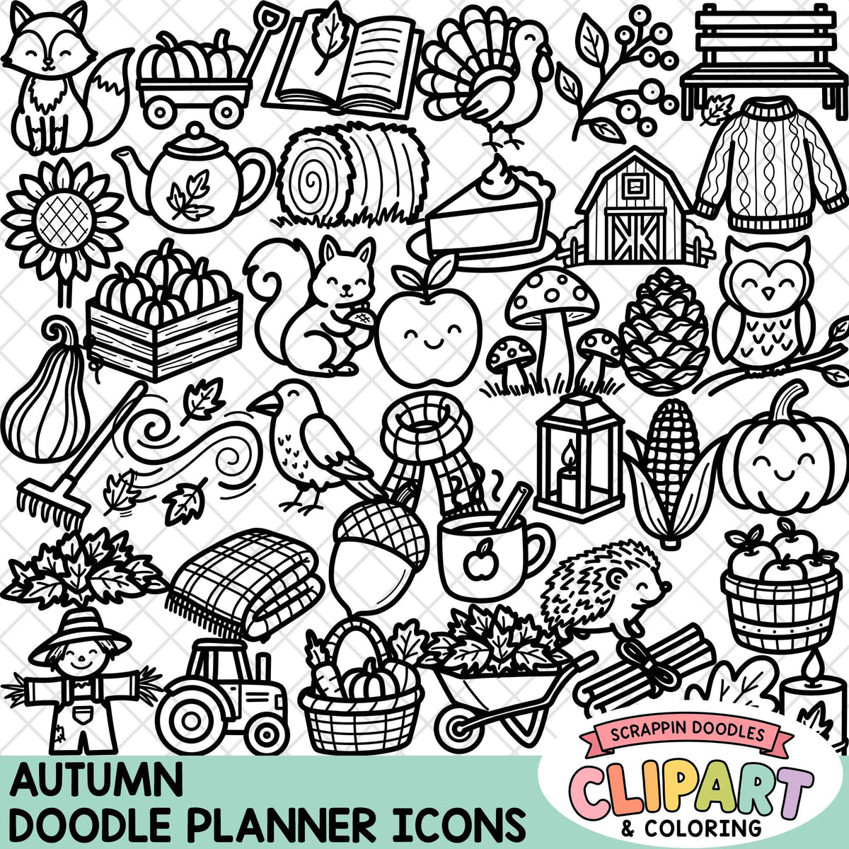 A black and white autumn-themed doodle planner icon sheet featuring seasonal illustrations like a turkey, pumpkin, acorns, leaves, tractor, and fall foliage, with text reading 'AUTUMN DOODLE PLANNER ICONS' and a 'Scrappin Doodles Clipart & Coloring' logo.