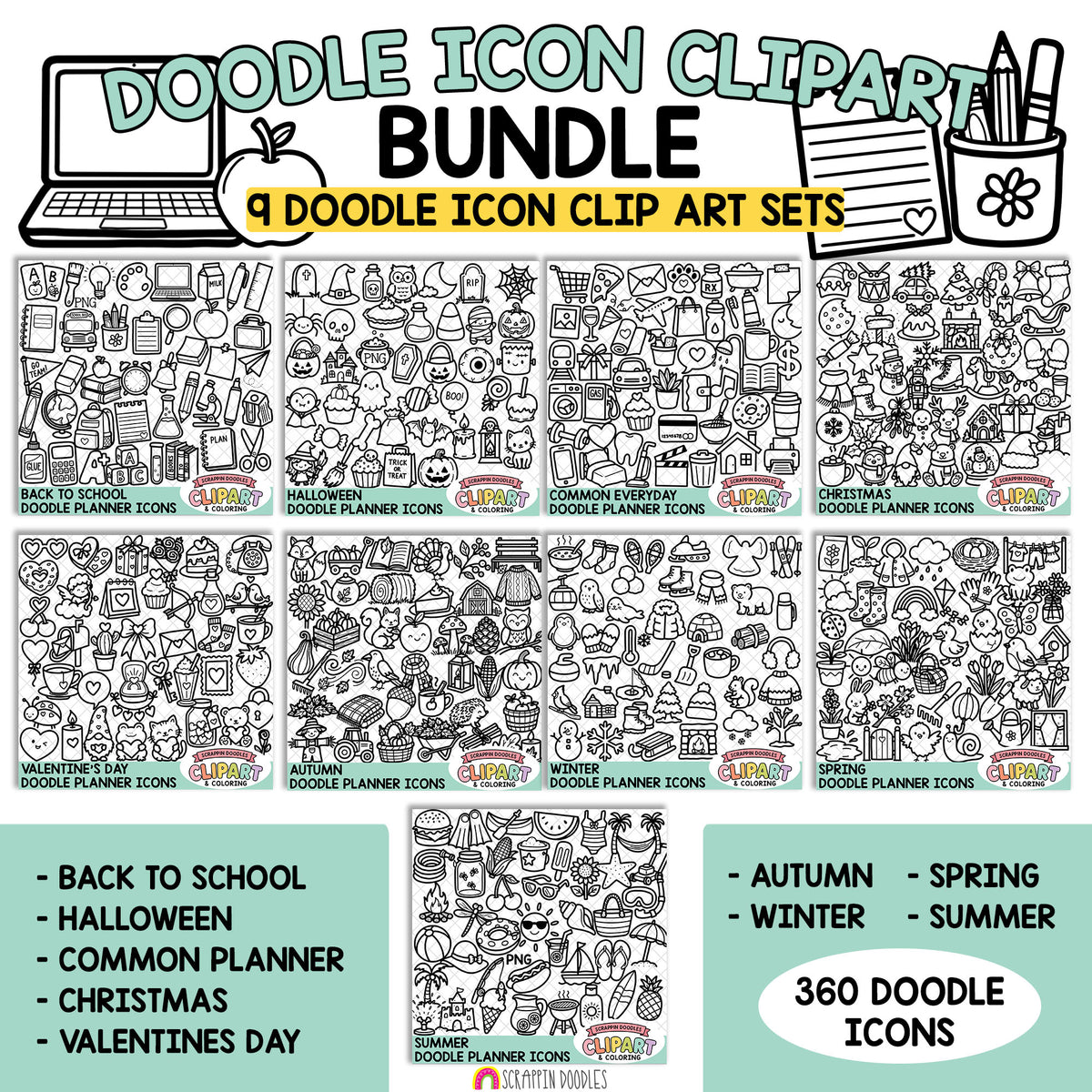 Doodle Planner Icons ClipArt Bundle – Black & White PNG