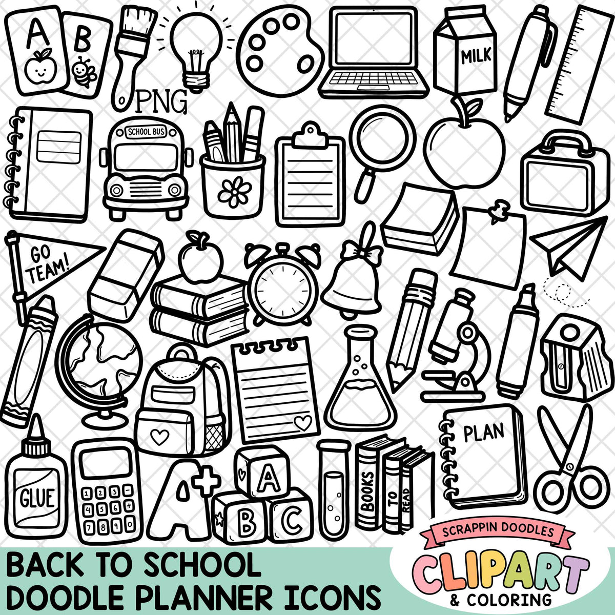 A collection of black and white school-themed doodle icons on a white background, including books, a backpack, globe, microscope, calculator, pencil, apple, clock, and planner items. Text at the bottom reads 'BACK TO SCHOOL Doodle Planner Icons' with a 'Scrappin Doodles' logo in the lower right.
