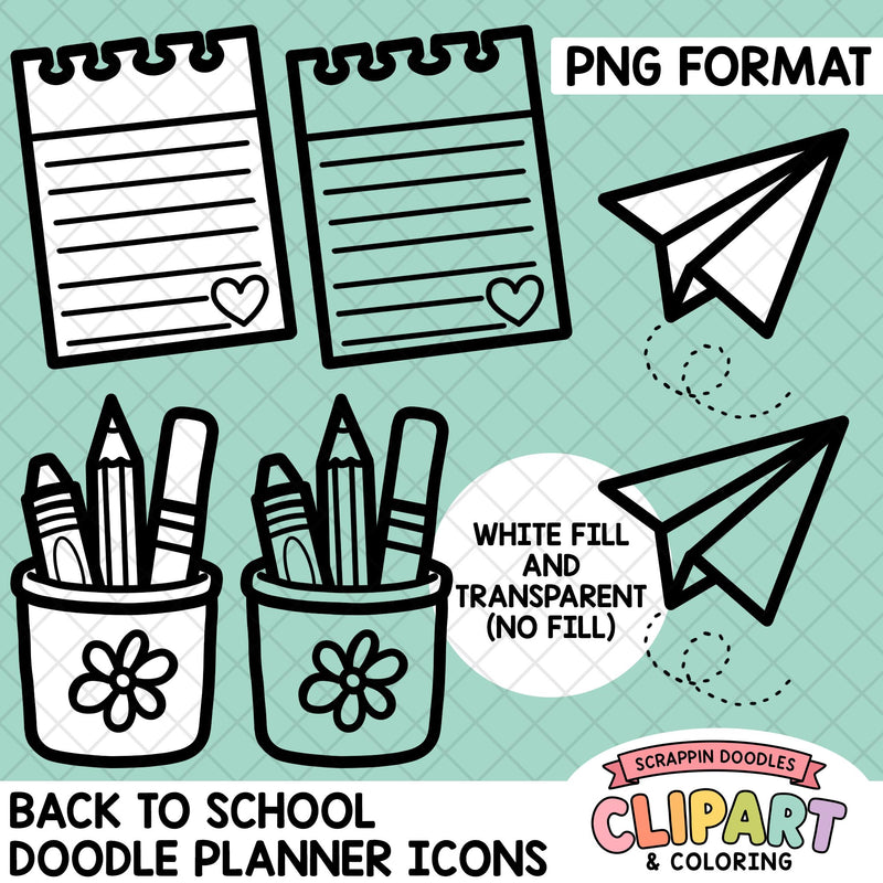 Back to school doodle planner icons in PNG format, including two notepads, two paper airplanes, and two pencil holders with crayons, on a mint green patterned background with text overlays.