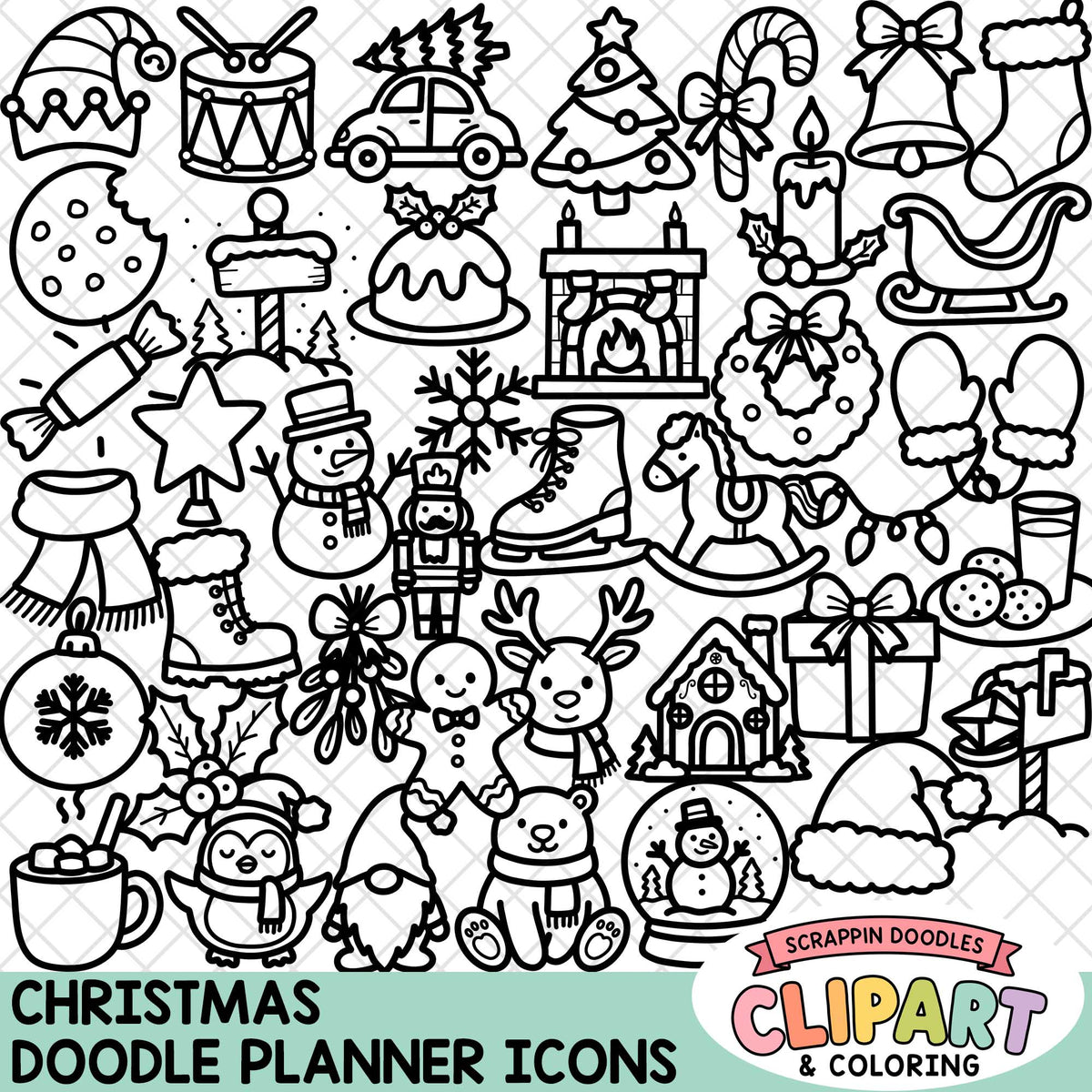 Black and white preview of 40 hand-drawn Christmas doodle icons, including Santa, a Christmas tree, gifts, snowman, reindeer, ornaments and holiday treats.