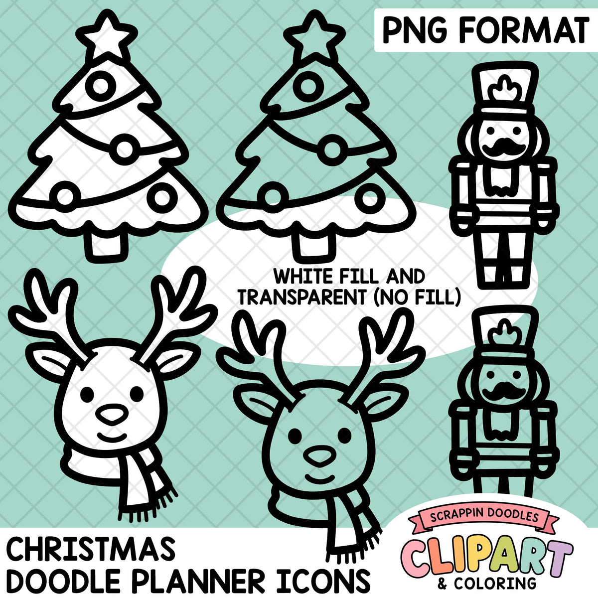 Black and white preview of 40 hand-drawn Christmas doodle icons, including Santa, a Christmas tree, gifts, snowman, reindeer, ornaments and holiday treats.