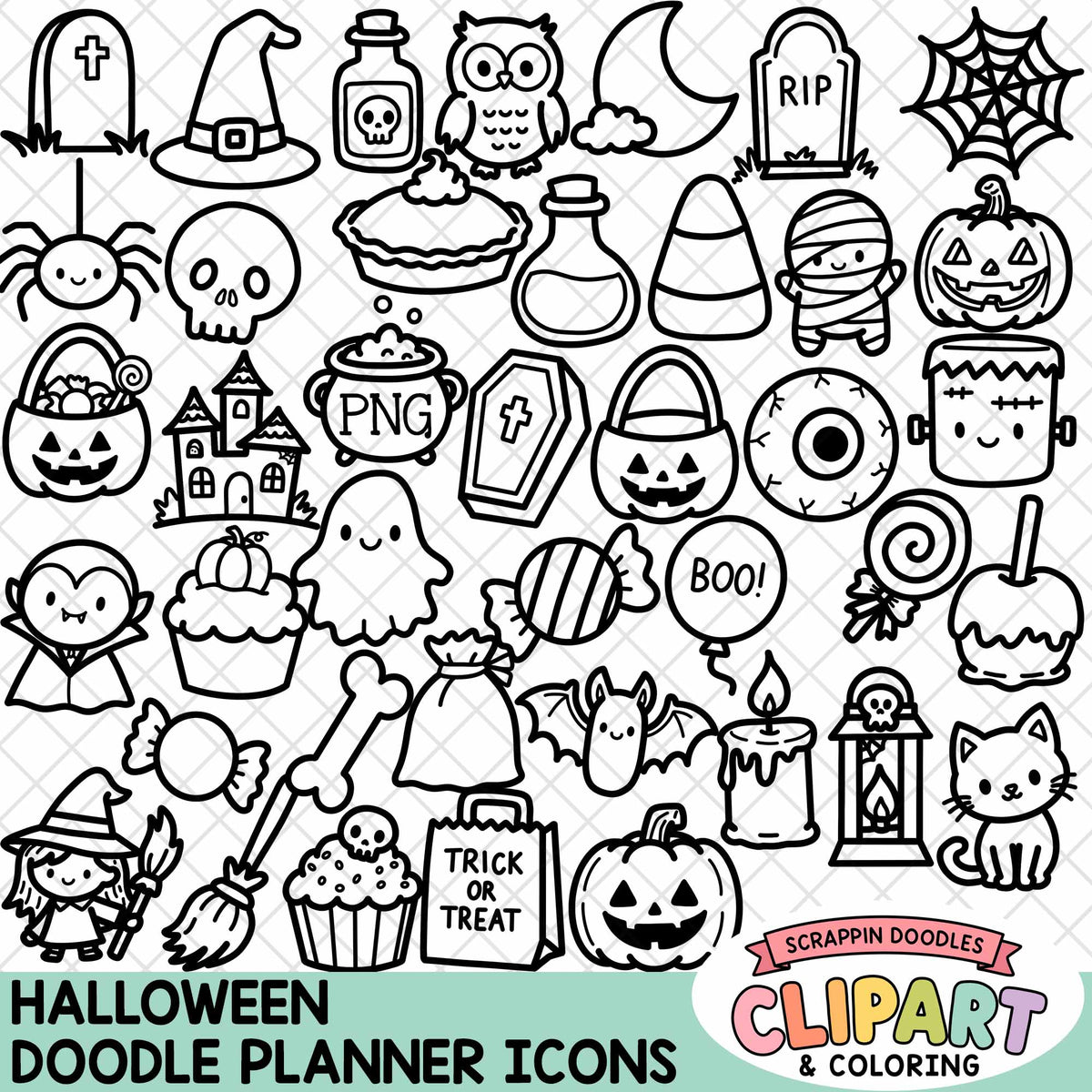 A sheet of black and white Halloween doodle icons on a white background, including pumpkins, ghosts, bats, a witch, a potion bottle, an owl, a tombstone, a spider, a moon, a haunted house, and candy. Text at the bottom reads 'HALLOWEEN DOODLE PLANNER ICONS' and the bottom-right logo says 'Scrappin Doodles Clipart & Coloring'.