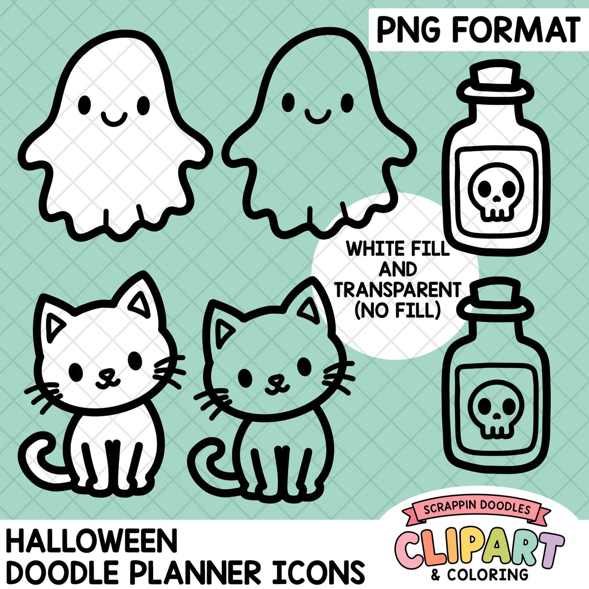 Halloween doodle planner icons featuring simple black outline cartoon ghosts, cats, and potion bottles with skull labels on a mint green patterned background. Text reads 'PNG FORMAT', 'WHITE FILL AND TRANSPARENT (NO FILL)', and 'HALLOWEEN DOODLE PLANNER ICONS'.