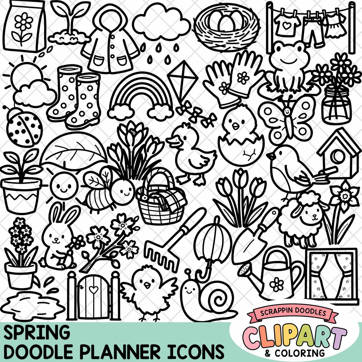 A sheet of black-and-white spring-themed doodle icons on a white background, with a teal banner reading 'SPRING DOODLE PLANNER ICONS' and a 'Scrappin Doodles Clipart & Coloring' logo in the bottom right.