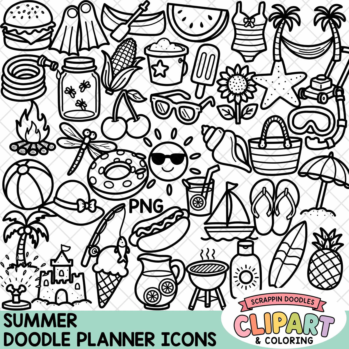 A black and white summer doodle planner icons sheet featuring various beach and outdoor summer illustrations, including palm trees, sunglasses, flip-flops, watermelon, and a hot dog, with a logo for 'Scrappin Doodles Clipart & Coloring' in the bottom right corner.