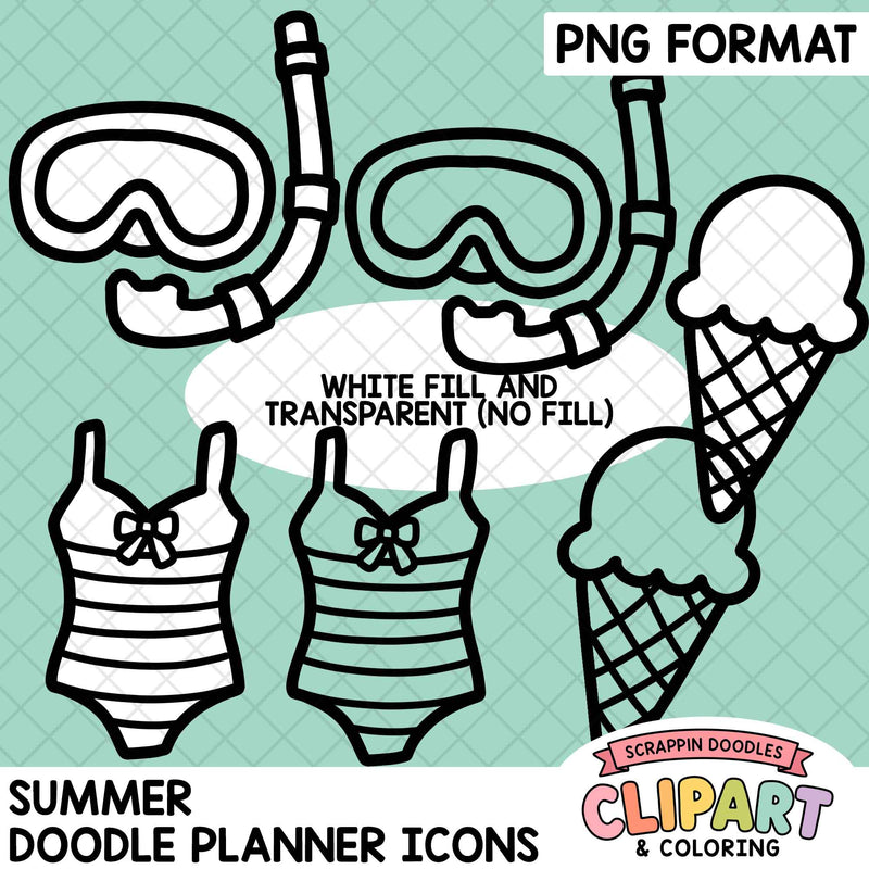 Digital clipart preview showing summer doodle planner icons: two snorkel masks with snorkels, two one-piece swimsuits, and two ice cream cones. Text reads 'PNG FORMAT,' 'WHITE FILL AND TRANSPARENT (NO FILL),' 'SUMMER DOODLE PLANNER ICONS,' and the brand/logo 'Scrappin Doodles Clipart & Coloring.
