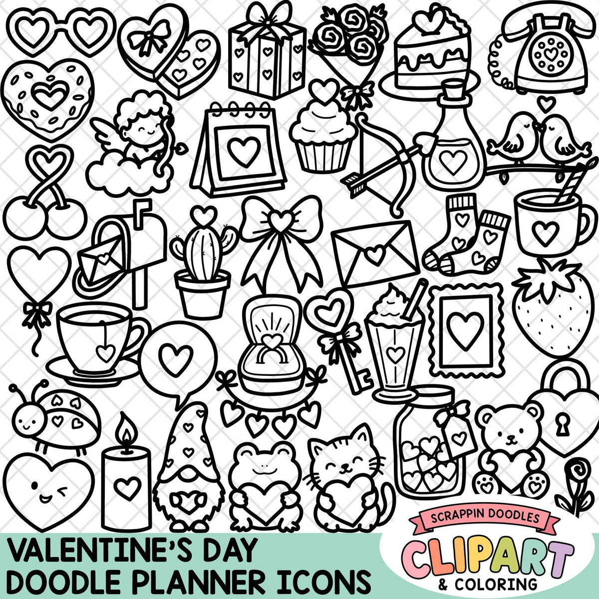 A collection of black and white Valentine's Day doodle icons including hearts, bows, cupcakes, a strawberry, a candle, a gnomes, a cat, a bird, and Valentine-themed items, with text reading 'VALENTINE'S DAY DOODLE PLANNER ICONS' and a 'Scrappin Doodles Clipart & Coloring' logo.