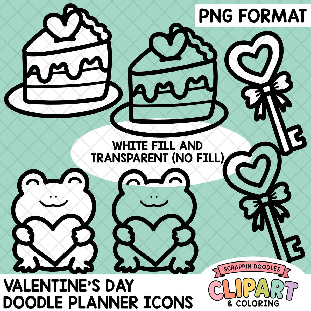 Digital clipart set featuring Valentine's Day doodle planner icons, including two illustrated cakes, a heart-shaped key, and two cartoon frogs holding hearts, shown on a mint green patterned background with text reading 'PNG FORMAT' and 'White Fill and Transparent (No Fill)'.