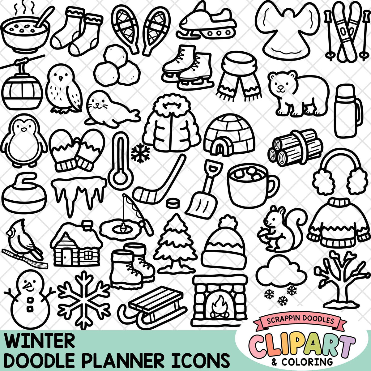 Winter Doodle Planner Icons Clipart – 40 Black & White PNG Graphics