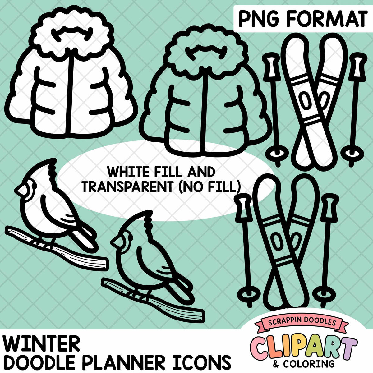 Winter Doodle Planner Icons Clipart – 40 Black & White PNG Graphics