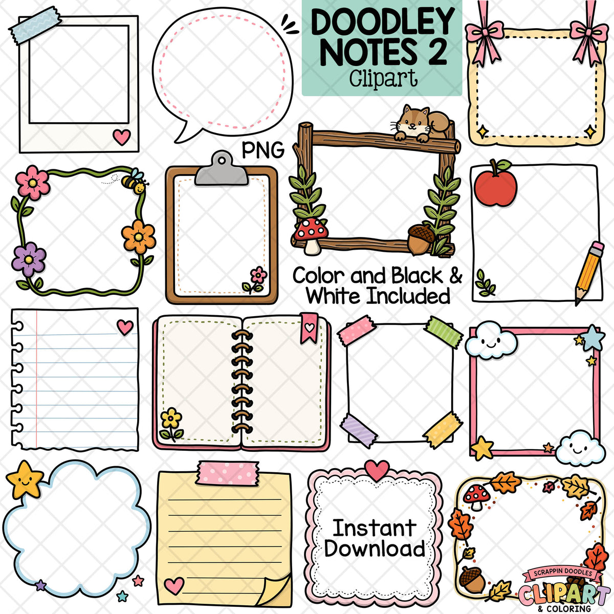 Preview of 15 Doodley Notes 2 clipart designs featuring colorful note frames, a speech bubble, clipboard, open journal, cat, flowers, clouds and autumn leaves.