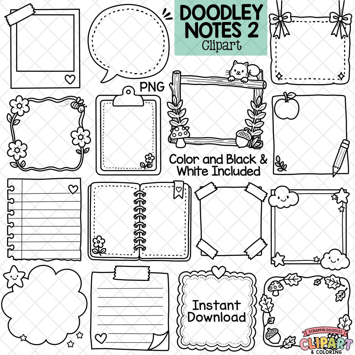 Preview of 15 Doodley Notes 2 clipart designs featuring colorful note frames, a speech bubble, clipboard, open journal, cat, flowers, clouds and autumn leaves.