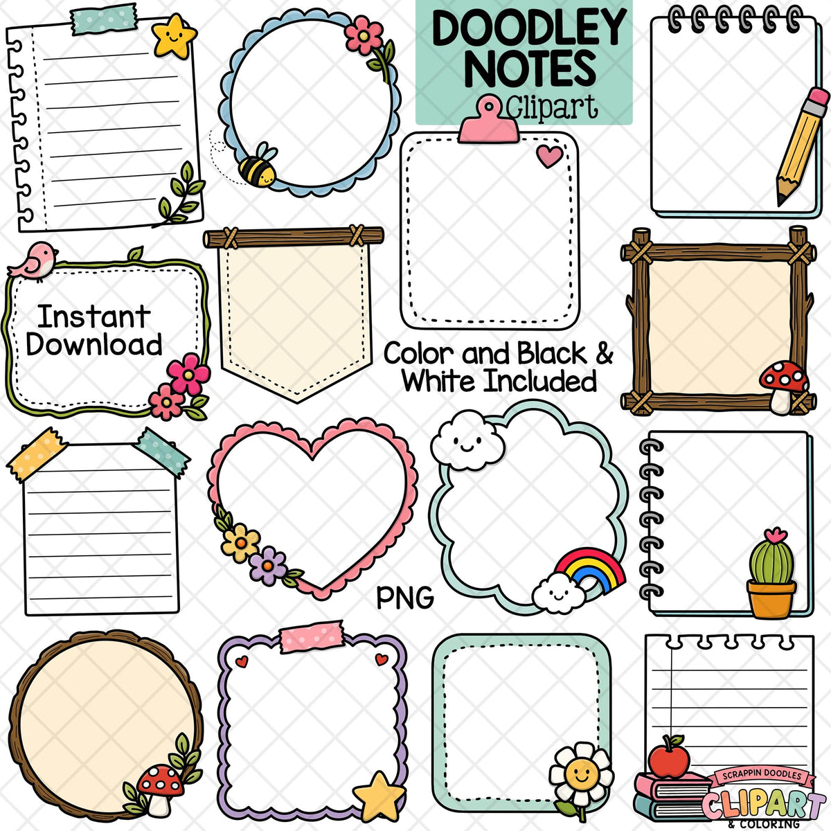 Colorful Doodley Notes clipart featuring lined papers, blank note frames, flowers, a rainbow, bee, mushroom, cactus and school-themed designs.