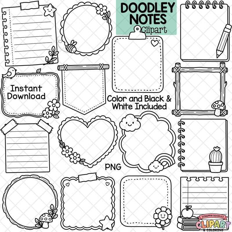 Colorful Doodley Notes clipart featuring lined papers, blank note frames, flowers, a rainbow, bee, mushroom, cactus and school-themed designs.