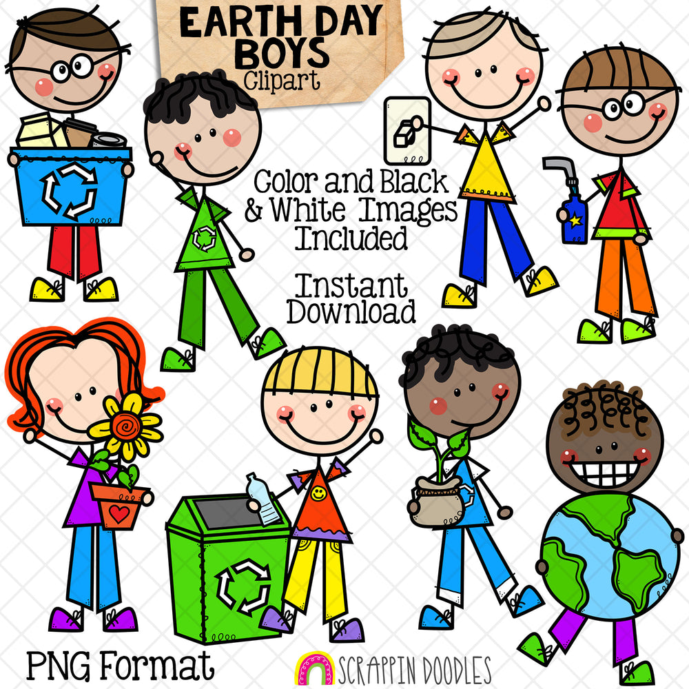 Earth Day Clipart - Doodle Earth Day Boys - Instant Download - Environ ...