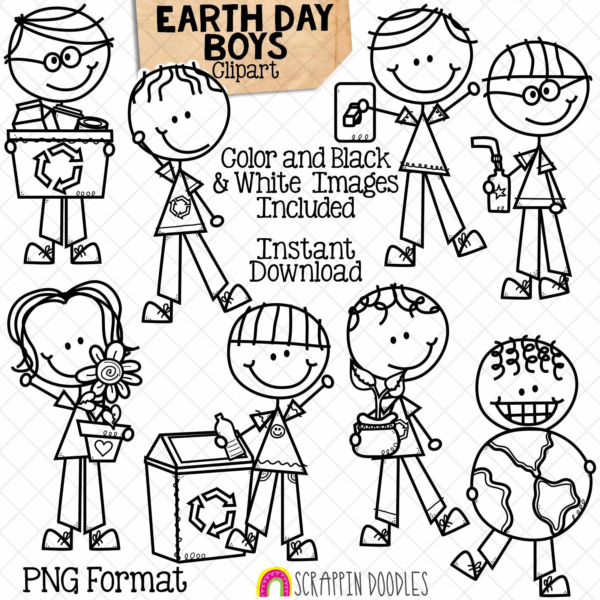 Earth Day Clipart - Doodle Earth Day Boys - Instant Download - Environ ...
