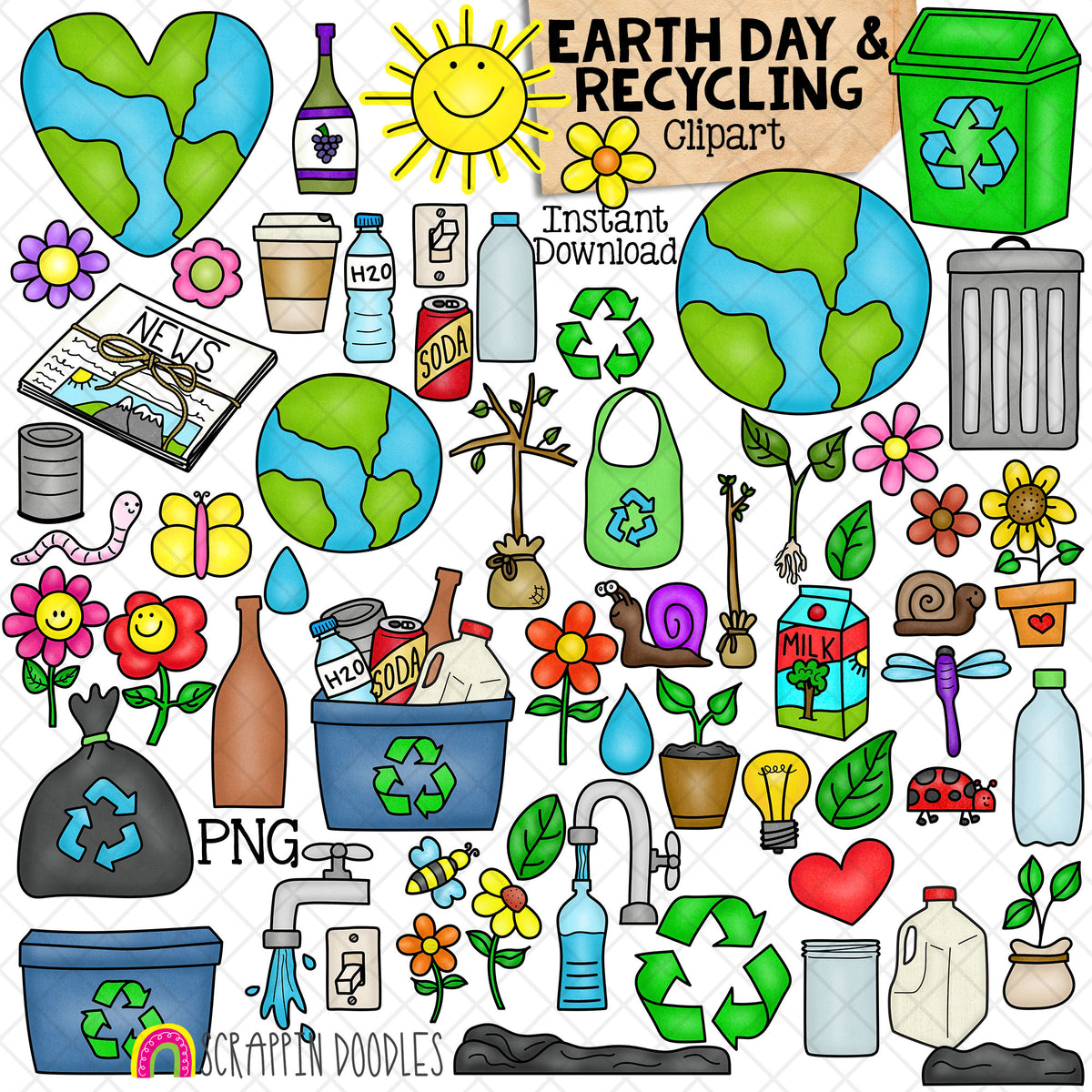 Earth Day Clipart - Recycling Clip Art - Environmental - Reduce Reuse Recycle Graphics - Eco Friendly - PNG - CU