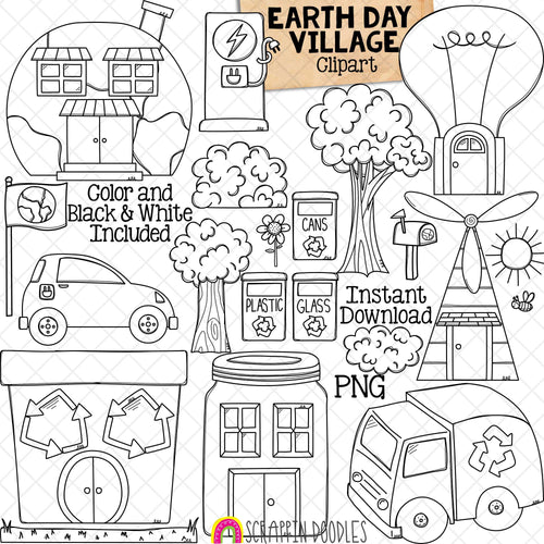 Earth Day Village Clipart - Recycling Clip Art - Environmental - Electric Car Charging Station - Eco Friendly - PNG - CU