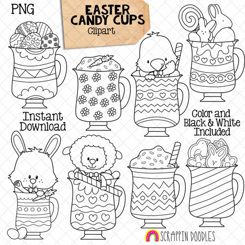 Easter Cups ClipArt - Decorated Coffee Cups - Easter Candy - Bunny - Sheep - Chick - CU PNG