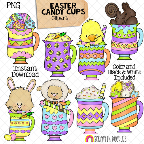 Easter Cups ClipArt - Decorated Coffee Cups - Easter Candy - Bunny - Sheep - Chick - CU PNG