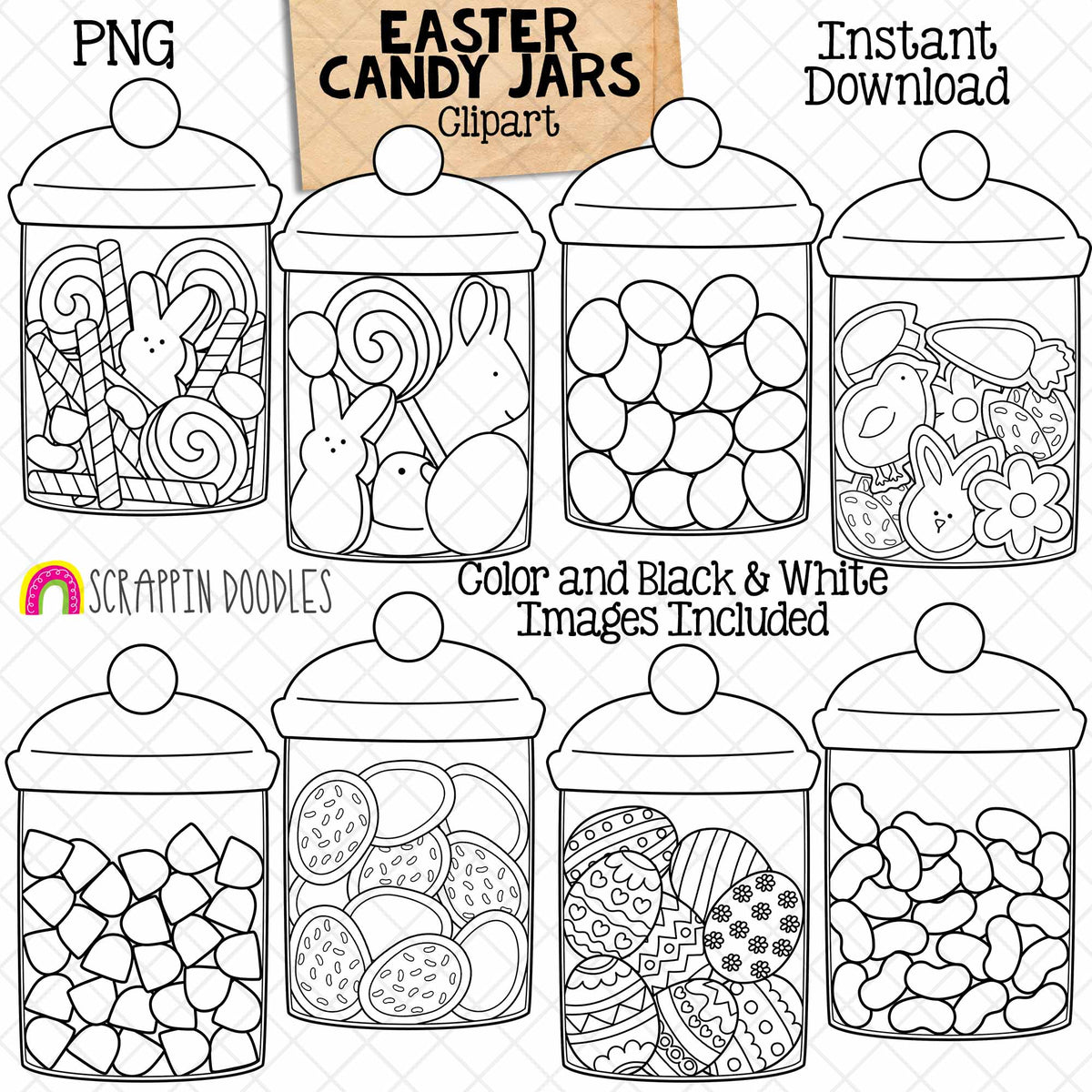Easter Candy Jars ClipArt - Glass Jars full of Cookies - Jelly Beans - Gum Drops - Candy Sticks - Decorated Easter Eggs - CU PNG