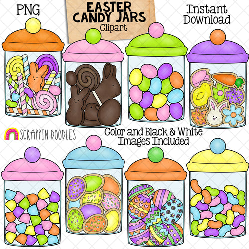 Easter Candy Jars ClipArt - Glass Jars full of Cookies - Jelly Beans - Gum Drops - Candy Sticks - Decorated Easter Eggs - CU PNG