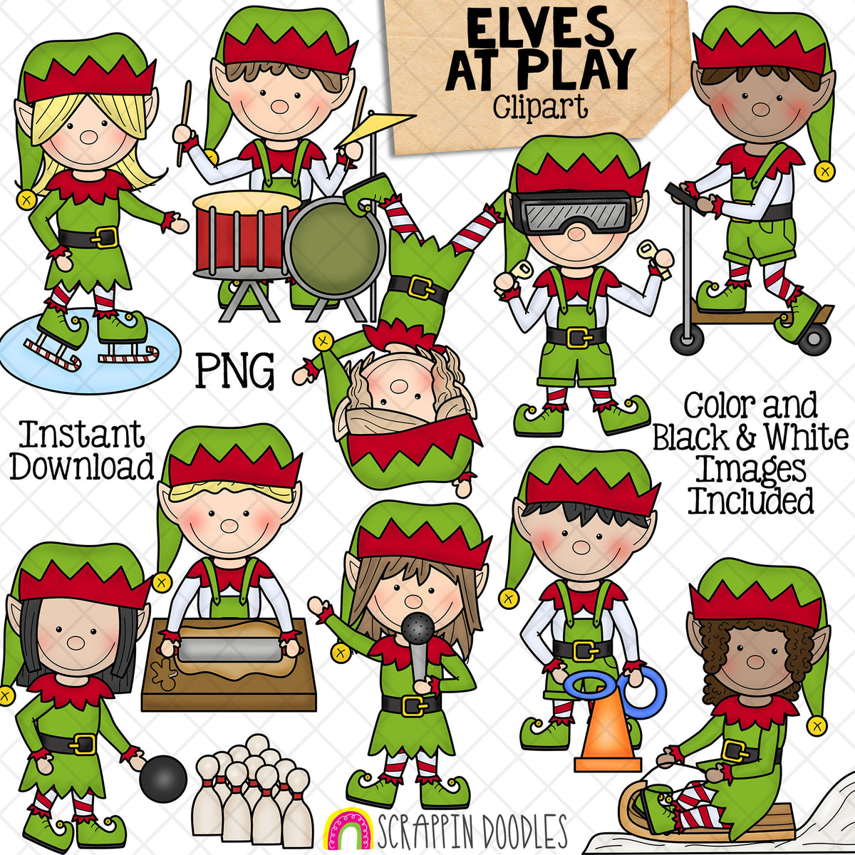 Elves at Play ClipArt - North Pole - Christmas - Elf - Drummer - Singing - Skating - Instant Download - Hand Drawn - CU - Sublimation PNG - Virtual Reality - Scooter - Bowling - Baking Cookies - Ring Toss - Sledding
