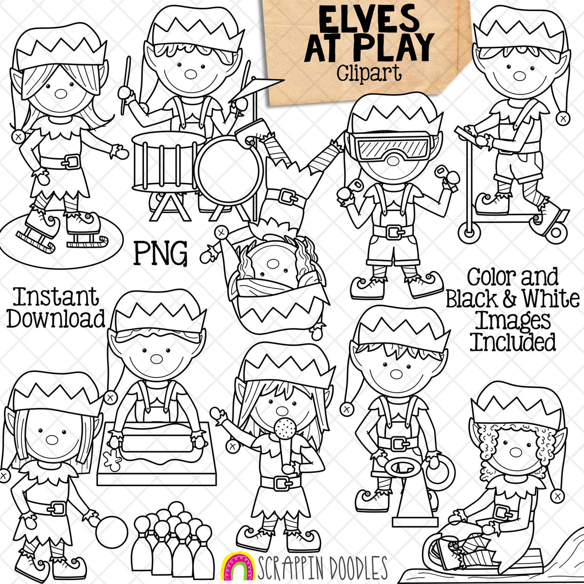 Elves at Play ClipArt - North Pole - Christmas - Elf - Drummer - Singing - Skating - Instant Download - Hand Drawn - CU - Sublimation PNG - Virtual Reality - Scooter - Bowling - Baking Cookies - Ring Toss - Sledding