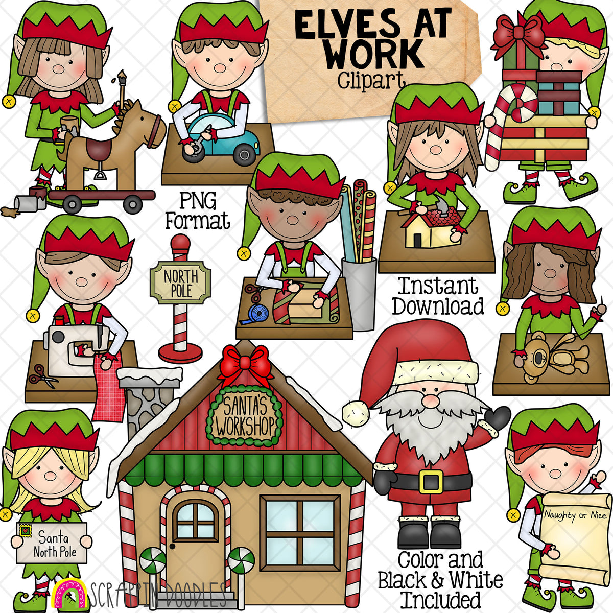 Elves at Work ClipArt - Santa's Workshop - North Pole - Christmas - Santa Claus - Elf - Children's Toys - Wrapping Presents - Carrying a Stack of Gifts - Naughty or Nice List - Instant Download - Hand Drawn - CU - Sublimation PNG