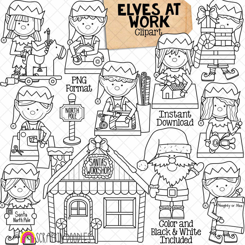 Elves at Work ClipArt - Santa's Workshop - North Pole - Christmas - Santa Claus - Elf - Children's Toys - Wrapping Presents - Carrying a Stack of Gifts - Naughty or Nice List - Instant Download - Hand Drawn - CU - Sublimation PNG
