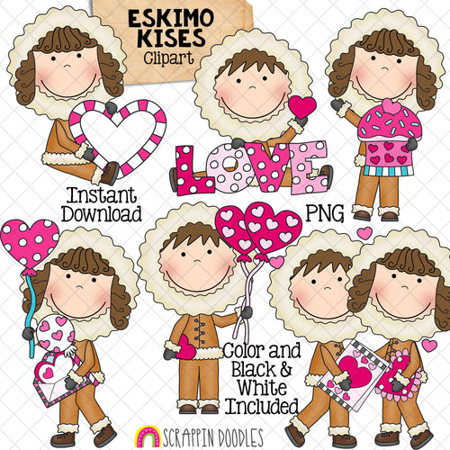 Eskimo Kisses Clip Art - Valentines Day ClipArt - Valentine Winter Graphics - Sweethearts - Cute Eskimos in Love - Commercial Use PNG
