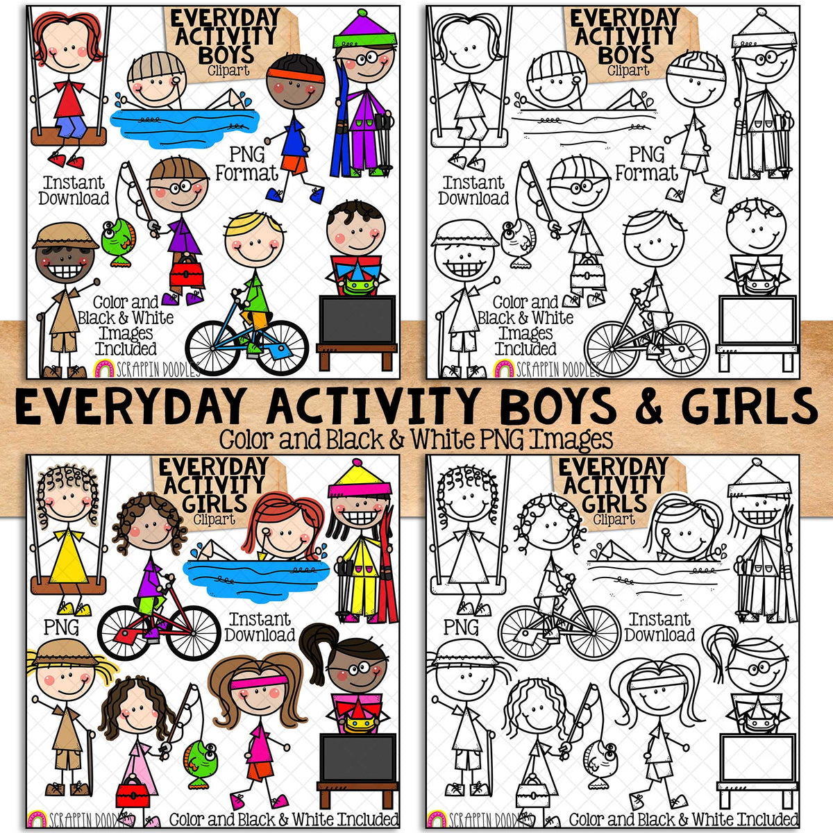 Doodle Kids Clipart Bundle 2 - Doodle Boy and Girl Bundle 2