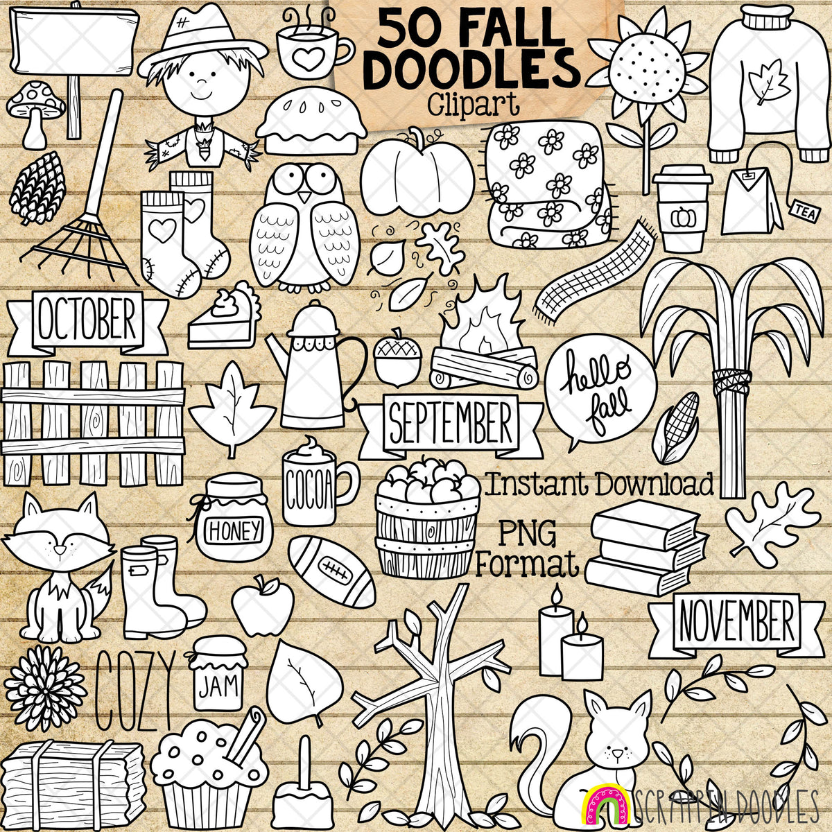 Fall Doodles ClipArt - Hand Doodled Autumn Images - Black &amp; White - BUJO - Line Art - Bullet Journal - Animals - Food - Plants - CUse PNG