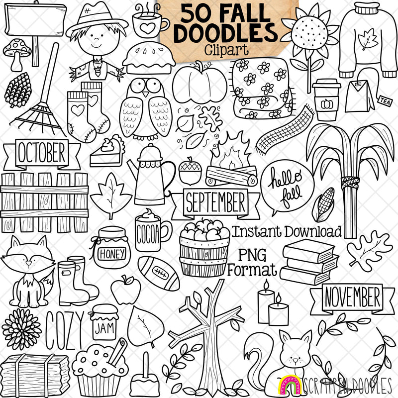 Fall Doodles ClipArt - Hand Doodled Autumn Images - Black &amp; White - BUJO - Line Art - Bullet Journal - Animals - Food - Plants - CUse PNG