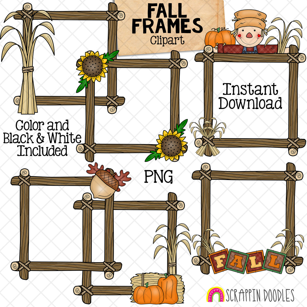 Fall Frames ClipArt - Autumn Borders - Wood Log Frame - Scarecrow - Sunflower - Acorn - Pumpkins - Commercial Use PNG Graphics