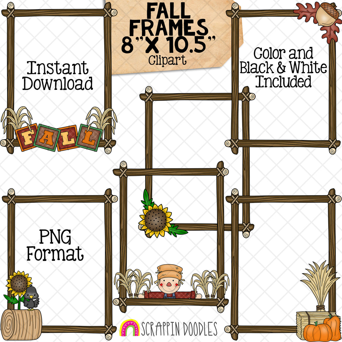 Full Page Fall Frames ClipArt - Autumn Borders - Wood Log Frame - Scarecrow - Sunflower - Acorn - Pumpkins - Commercial Use PNG Graphics (Copy)
