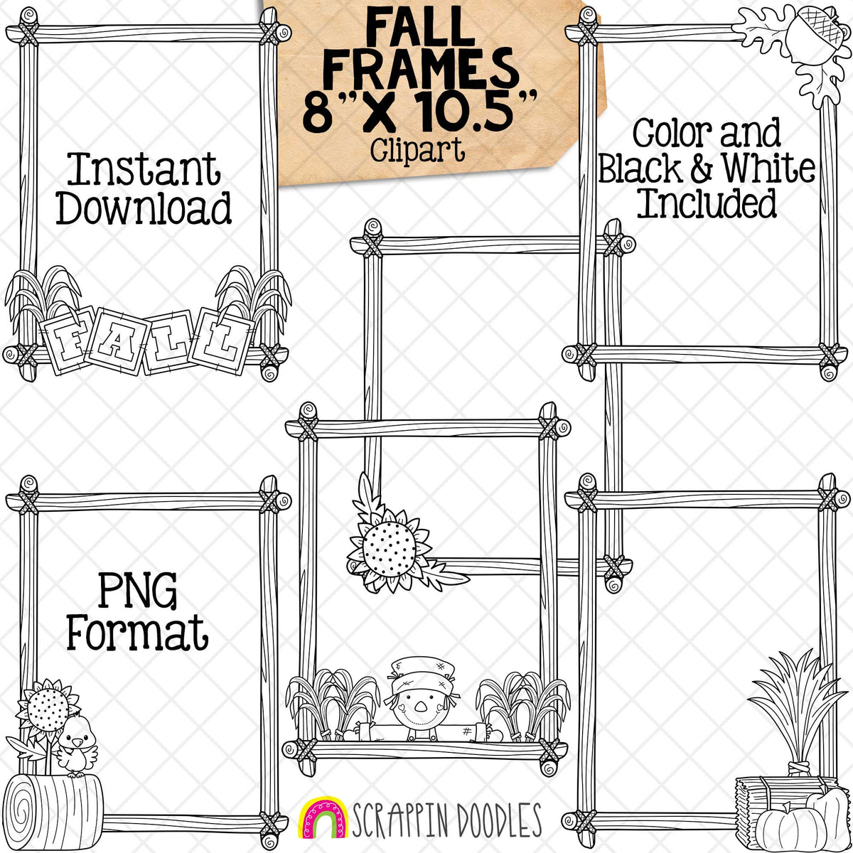 Full Page Fall Frames ClipArt - Autumn Borders - Wood Log Frame - Scarecrow - Sunflower - Acorn - Pumpkins - Commercial Use PNG Graphics (Copy)