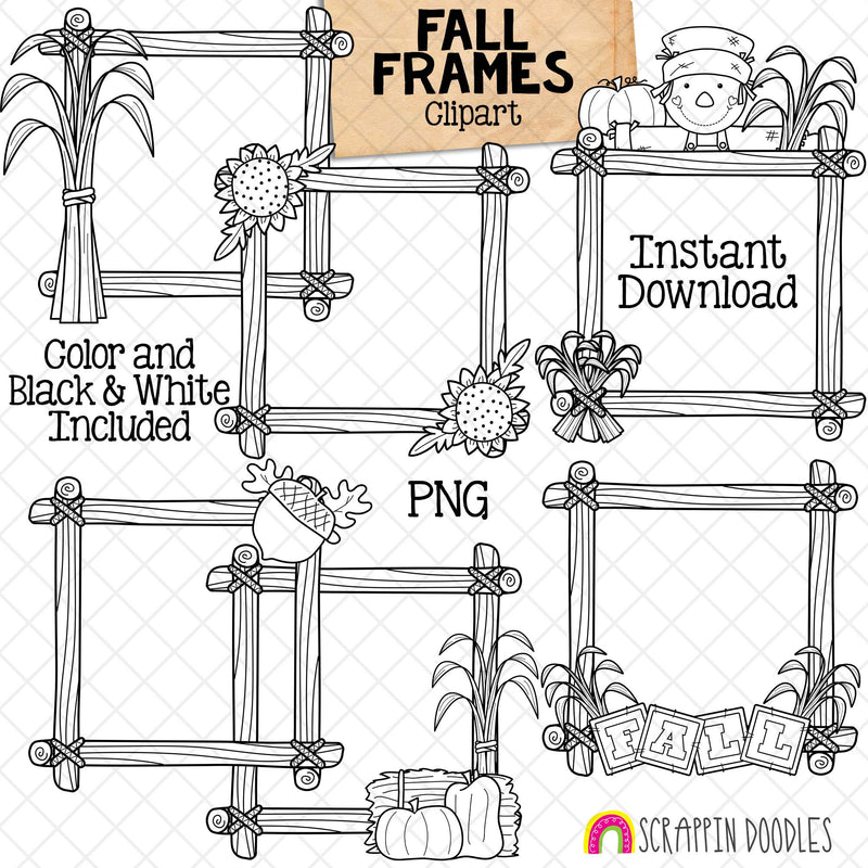 Fall Frames ClipArt - Autumn Borders - Wood Log Frame - Scarecrow - Sunflower - Acorn - Pumpkins - Commercial Use PNG Graphics