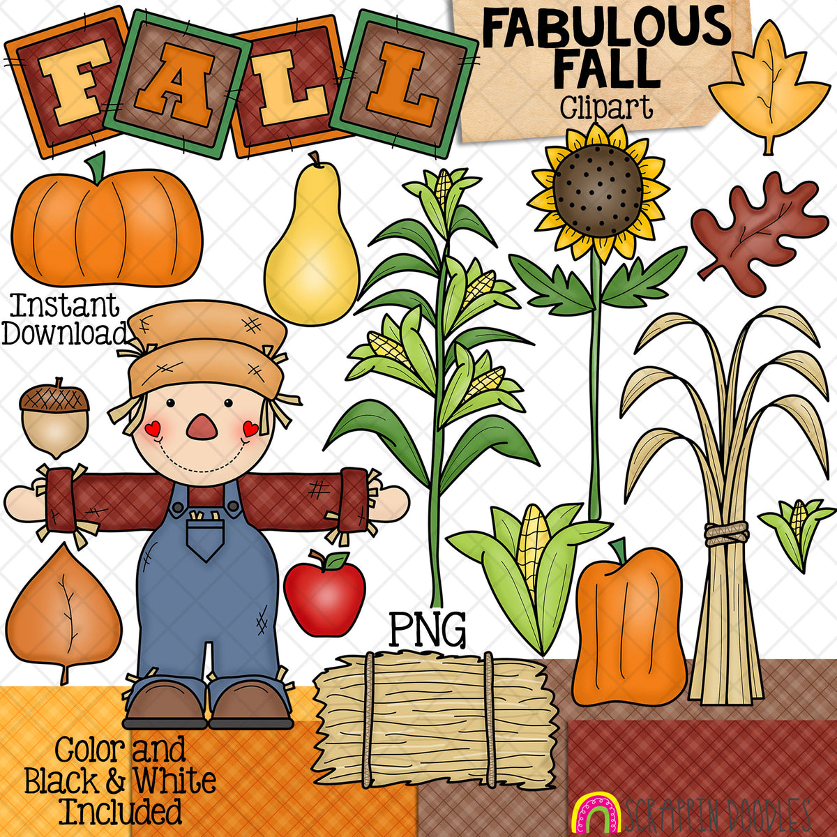 Fabulous Fall Clip Art - Autumn - Scarecrow - Pumpkin - Sunflower - Corn Stalk - Hay - Squash - Leaves - Acorn - Backgrounds - CU Hand Drawn PNG