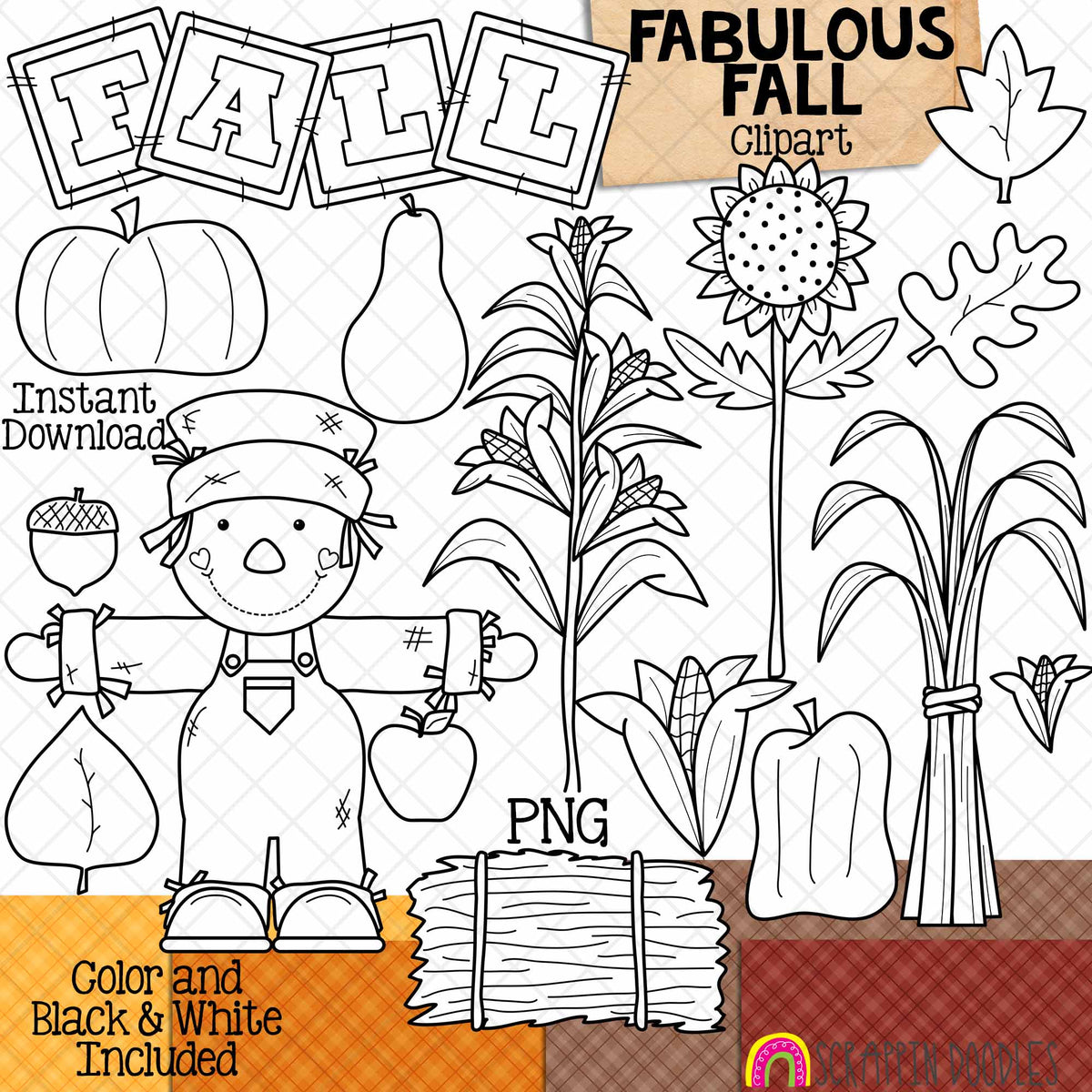 Fabulous Fall Clip Art - Autumn - Scarecrow - Pumpkin - Sunflower - Corn Stalk - Hay - Squash - Leaves - Acorn - Backgrounds - CU Hand Drawn PNG