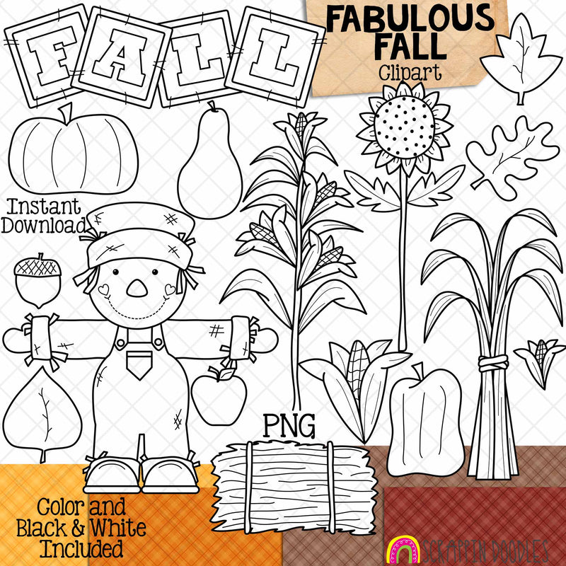 Fabulous Fall Clip Art - Autumn - Scarecrow - Pumpkin - Sunflower - Corn Stalk - Hay - Squash - Leaves - Acorn - Backgrounds - CU Hand Drawn PNG