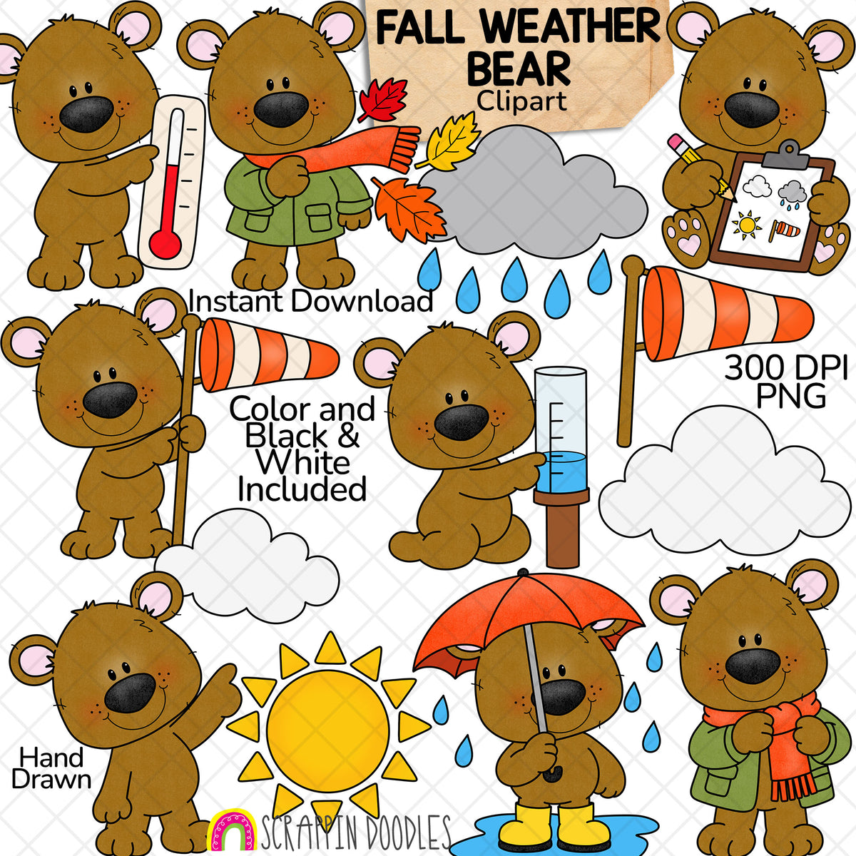 Fall weather bear clipart with umbrella, thermometer, windsock, rain gauge, sun and clouds, shown in color and black and white.