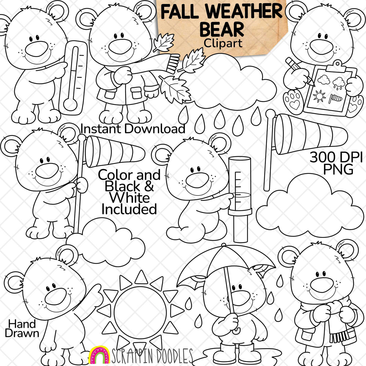 Fall weather bear clipart with umbrella, thermometer, windsock, rain gauge, sun and clouds, shown in color and black and white.
