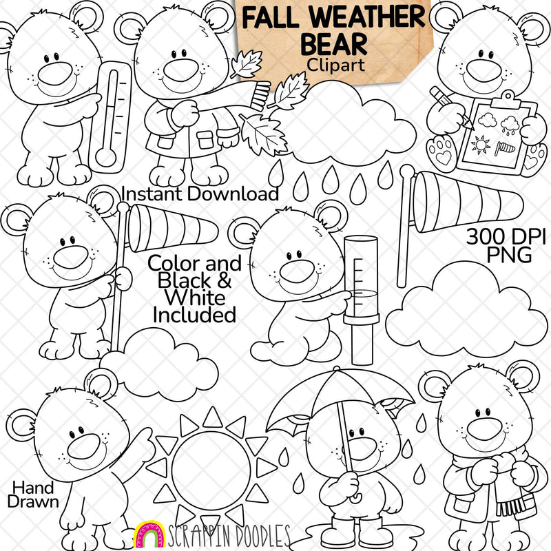 Fall weather bear clipart with umbrella, thermometer, windsock, rain gauge, sun and clouds, shown in color and black and white.