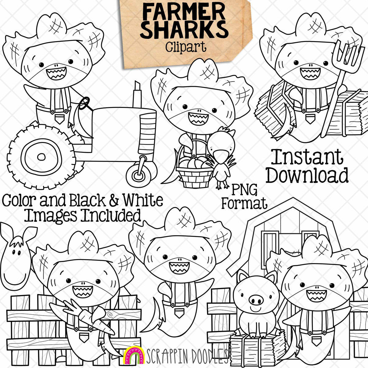 Farmer Sharks Clip Art - Grey Shark Clipart - Baby Shark - Commercial Use PNG Sublimation